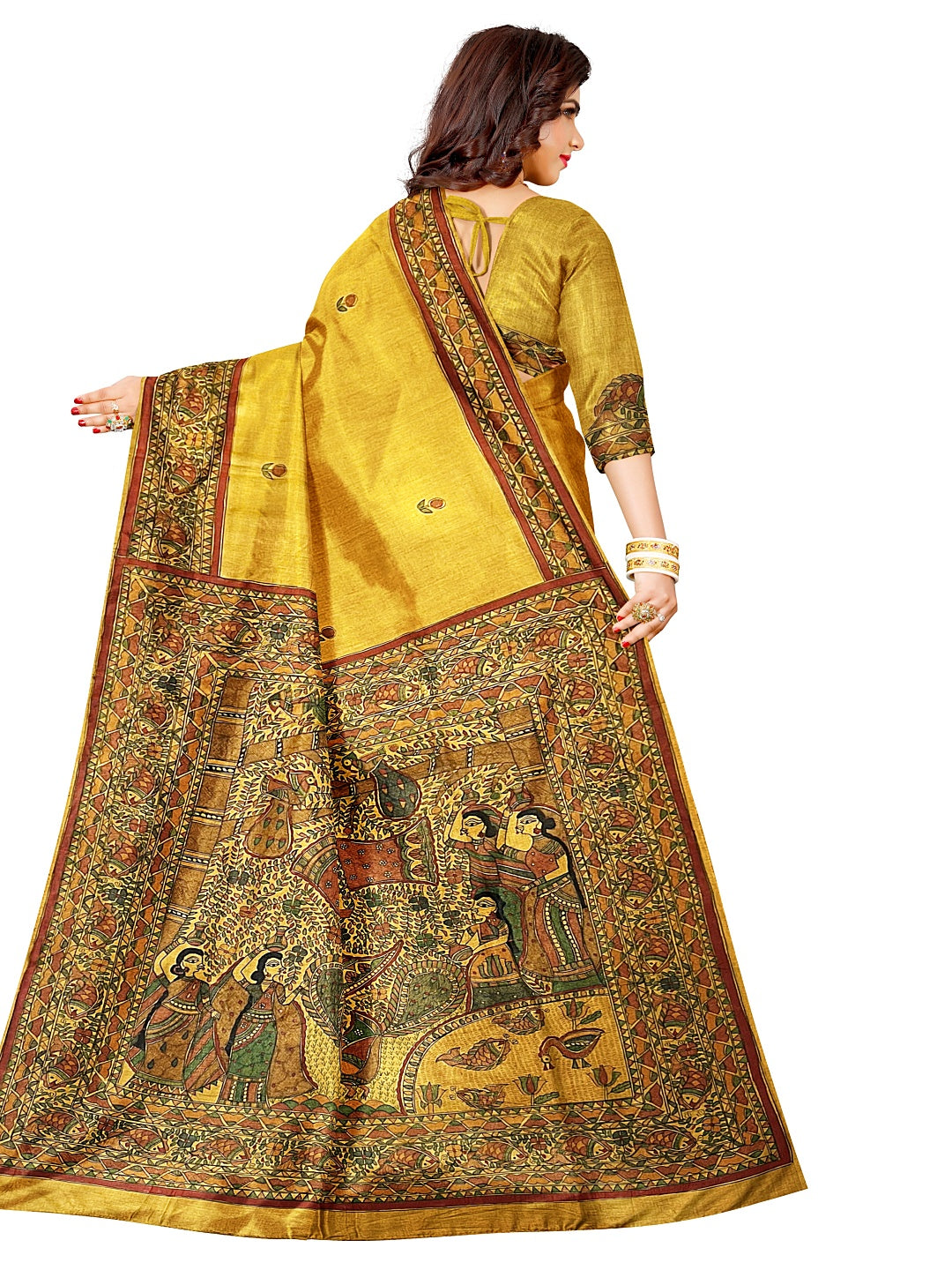 Hand-Painted Radha Krishna Jhulan Madhubani Saree